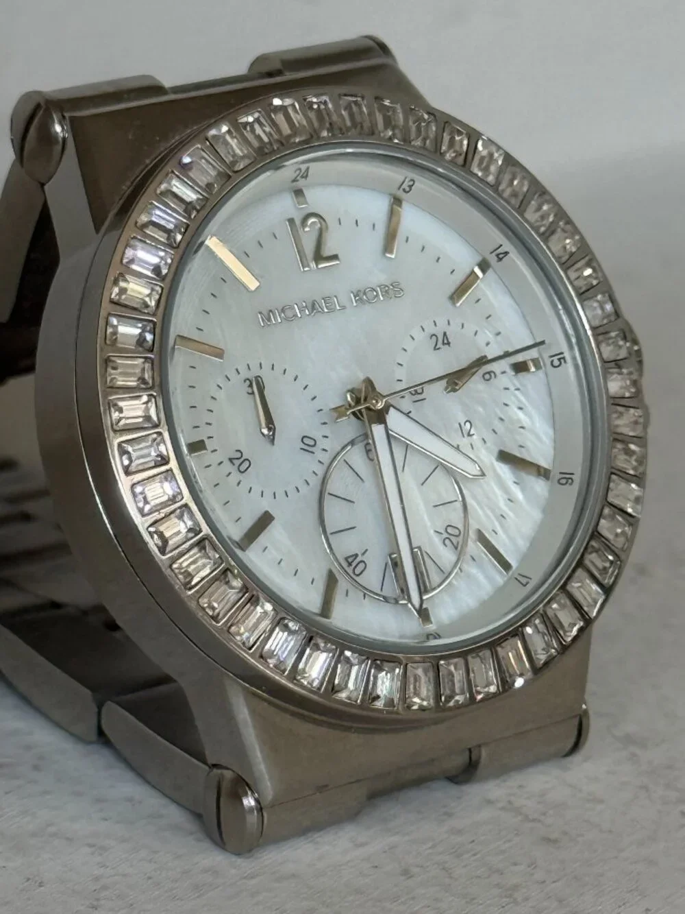 Michael Kors MK5411 Dylan Crystal Bezel Mother of Pearl Silver Chronograph Watch